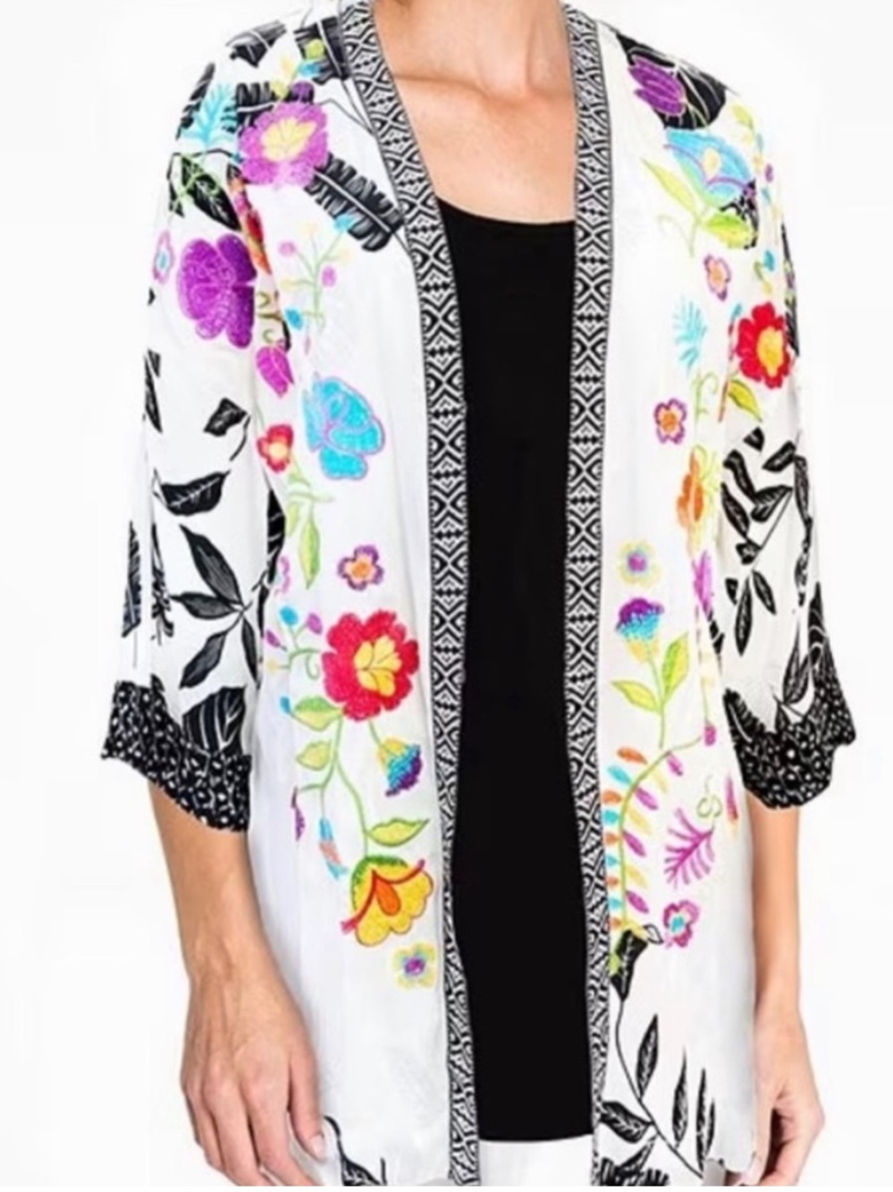 John Mark open-front embroidered floral kaftan kimono-style top Size Small.